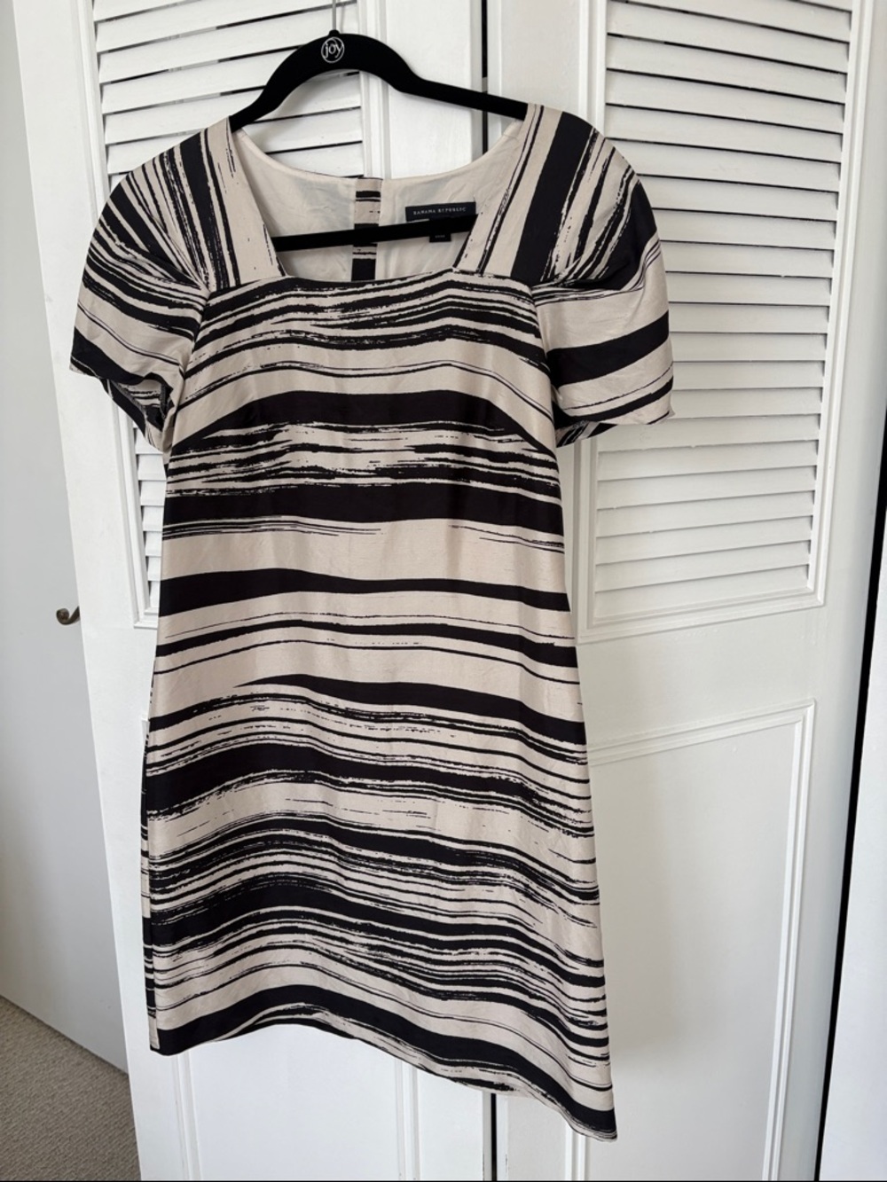 Talbots Black and Cream Striped Short-Sleeve Shift Dress with Square Neck